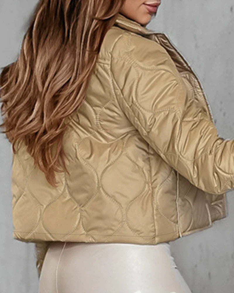 Women’s Quilted Jacket – Cropped Fit – Lightweight Padded – Shirt Collar – Button Front
