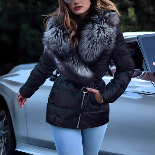 Women’s Quilted Jacket – Padded – Oversized Faux Fur Collar – Belted Waist – Zip Front