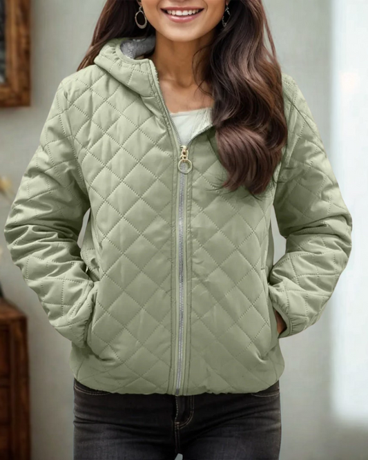 Women’s Quilted Jacket – Relaxed Fit – Diamond Stitch – Hooded – Elastic Cuffs & Hem