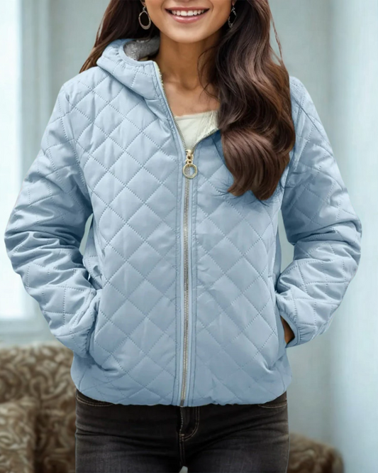 Women’s Quilted Jacket – Relaxed Fit – Diamond Stitch – Hooded – Elastic Cuffs & Hem