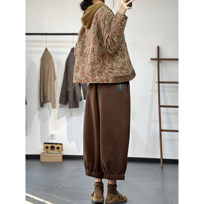 Women’s Quilted Jacket – Relaxed Fit – Jacquard Floral – Corduroy Trim – Single Breasted