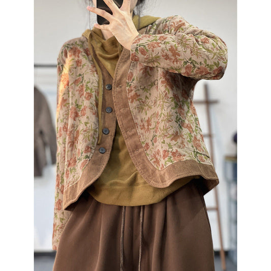 Women’s Quilted Jacket – Relaxed Fit – Jacquard Floral – Corduroy Trim – Single Breasted
