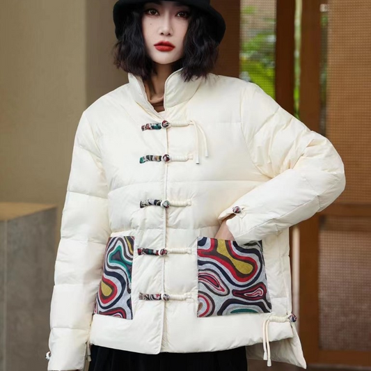 Women’s Quilted Puffer Jacket – Loose Fit – High Collar – Frog Closures – Patterned Pockets