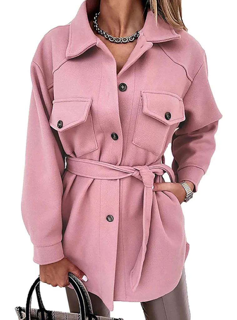 Women’s Shacket Jacket – Oversized Relaxed Fit – Wool Feel – Longline with Chest Pockets