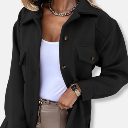 Women’s Shacket Jacket – Oversized Relaxed Fit – Wool Feel – Longline with Chest Pockets