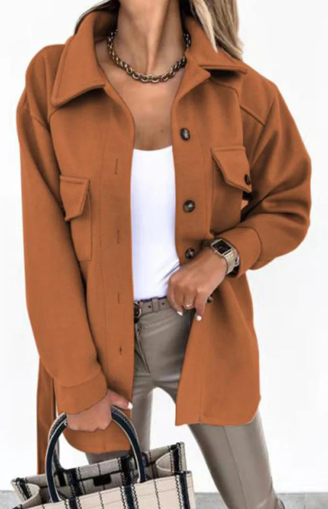 Women’s Shacket Jacket – Oversized Relaxed Fit – Wool Feel – Longline with Chest Pockets