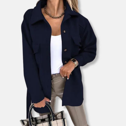 Women’s Shacket Jacket – Oversized Relaxed Fit – Wool Feel – Longline with Chest Pockets