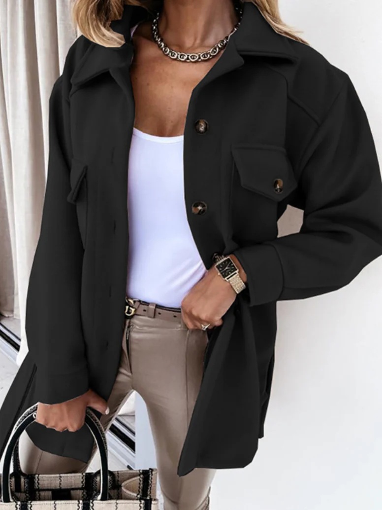 Women’s Shacket Jacket – Oversized Relaxed Fit – Wool Feel – Longline with Chest Pockets