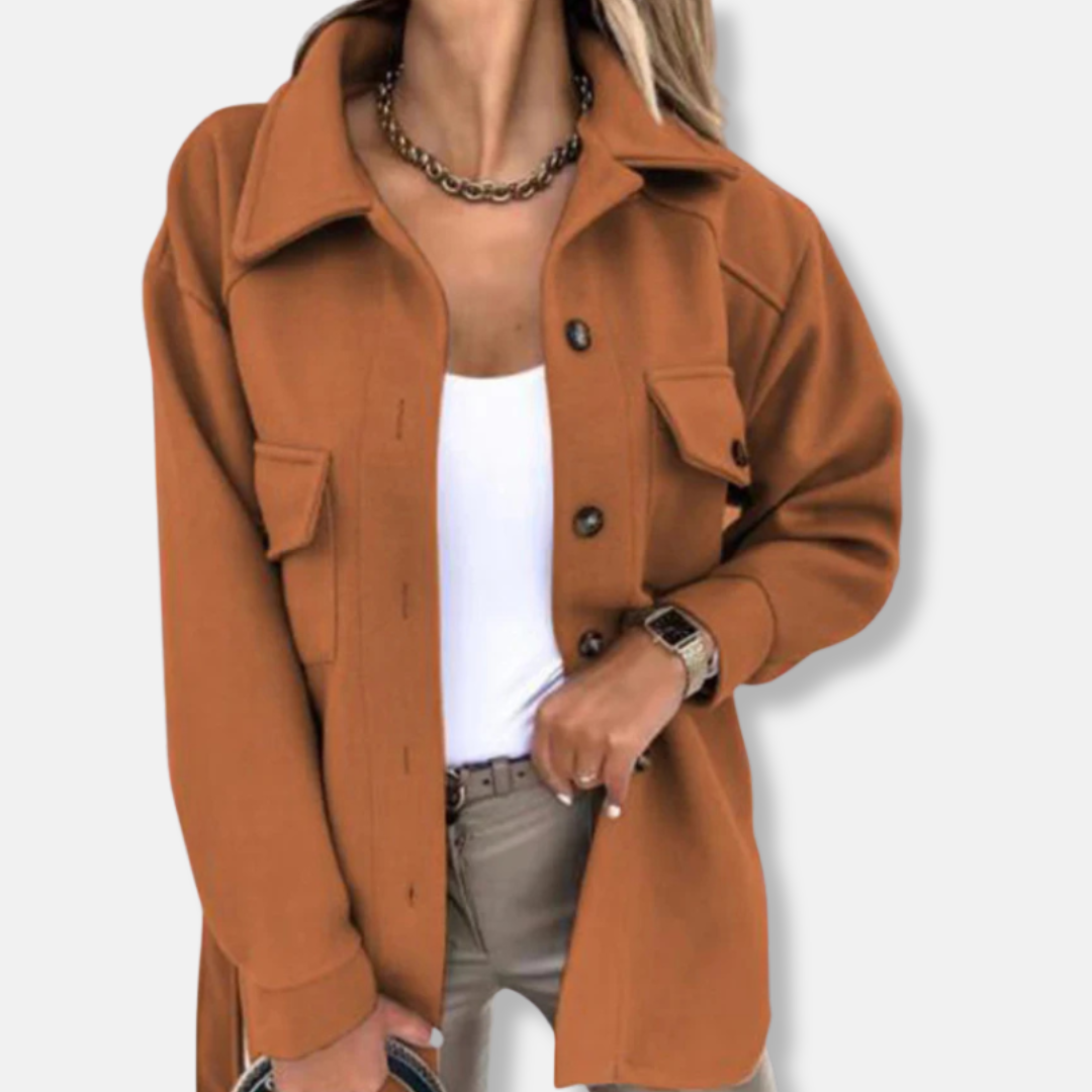 Women’s Shacket Jacket – Oversized Relaxed Fit – Wool Feel – Longline with Chest Pockets