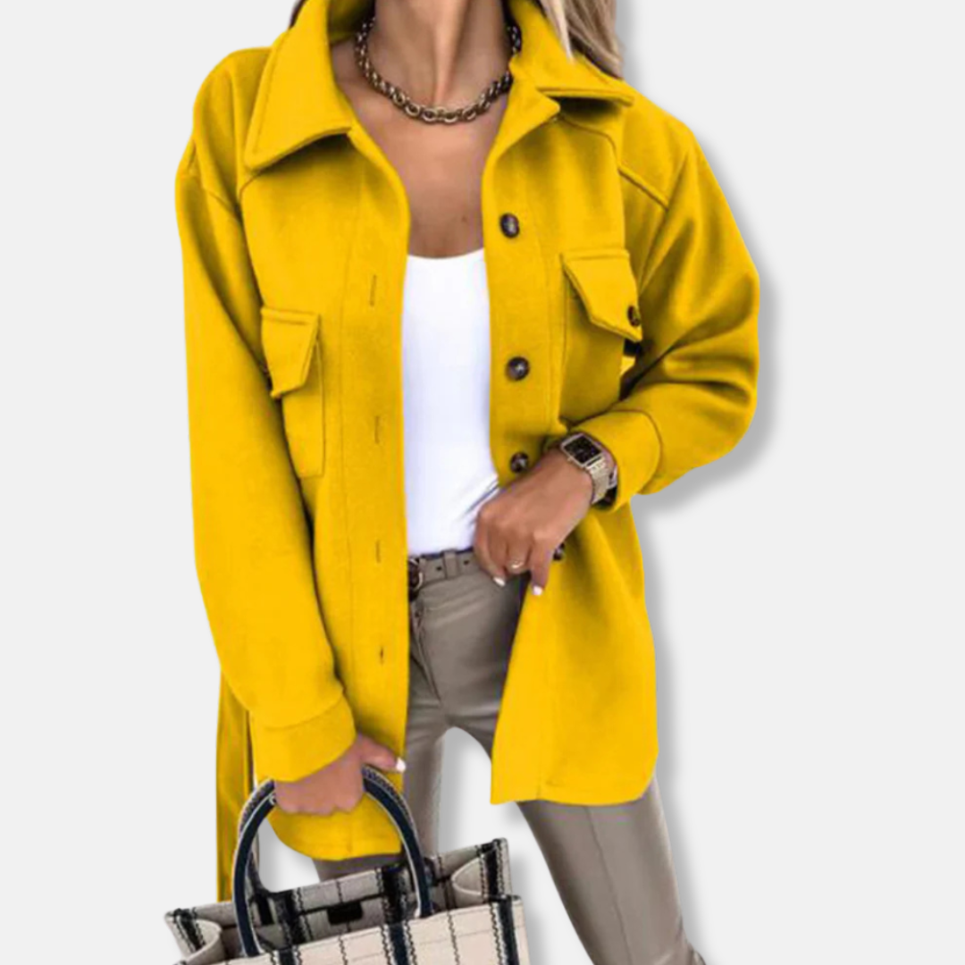 Women’s Shacket Jacket – Oversized Relaxed Fit – Wool Feel – Longline with Chest Pockets