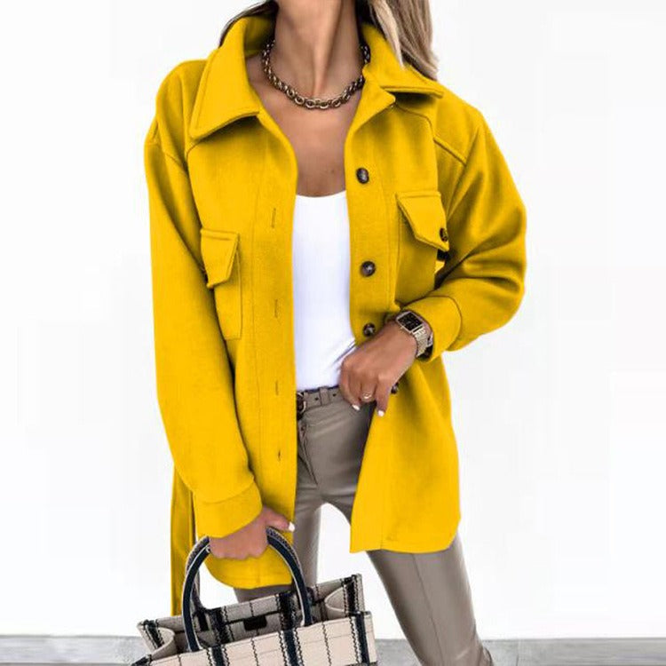 Women’s Shacket Jacket – Oversized Relaxed Fit – Wool Feel – Longline with Chest Pockets