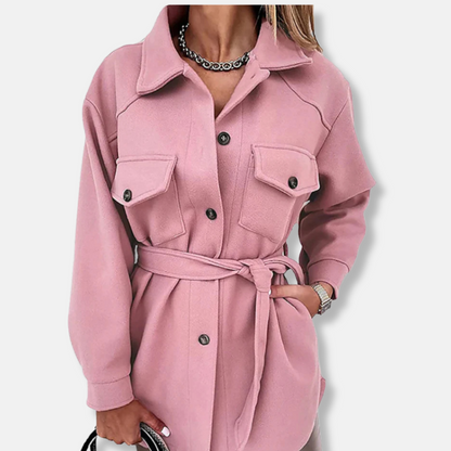 Women’s Shacket Jacket – Oversized Relaxed Fit – Wool Feel – Longline with Chest Pockets