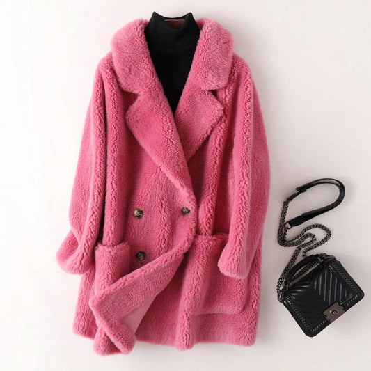 Women’s Shearling Coat – Oversized Fit – Double-Breasted – Notched Lapel – Mid Length