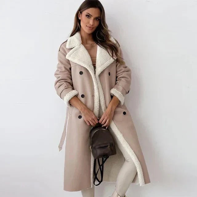 Women’s Shearling Leather Coat – Relaxed Fit – Double Breasted – Belted Sleeve – Long Length