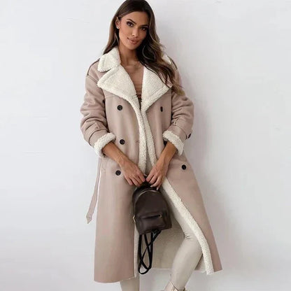 Women’s Shearling Leather Coat – Relaxed Fit – Double Breasted – Belted Sleeve – Long Length