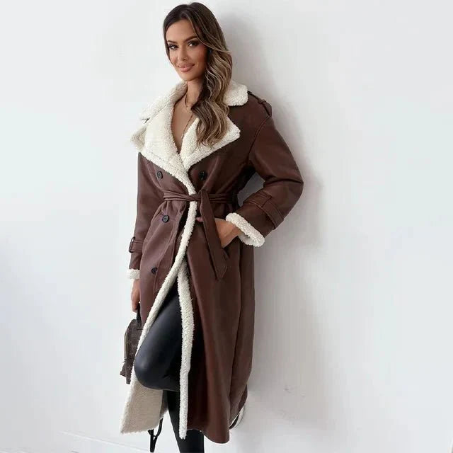 Women’s Shearling Leather Coat – Relaxed Fit – Double Breasted – Belted Sleeve – Long Length