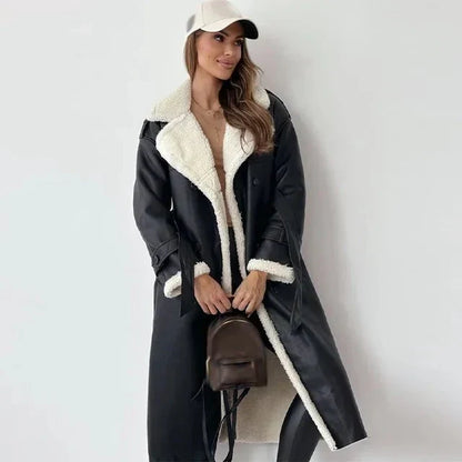 Women’s Shearling Leather Coat – Relaxed Fit – Double Breasted – Belted Sleeve – Long Length