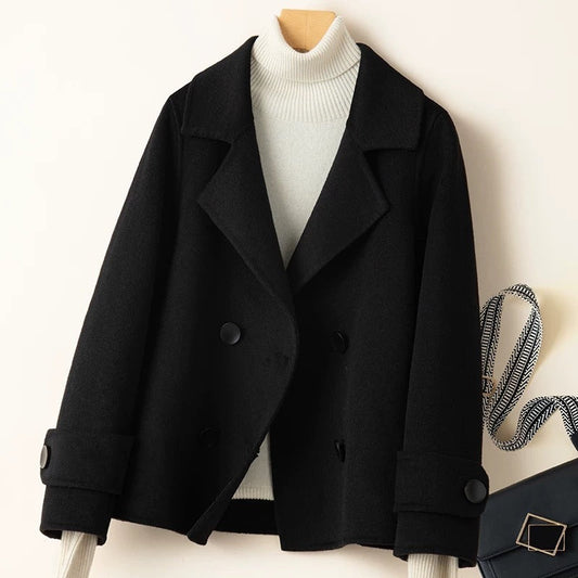 Women’s Short Coat – Tailored Fit – Wool Blend – Double-Breasted – Notched Lapel