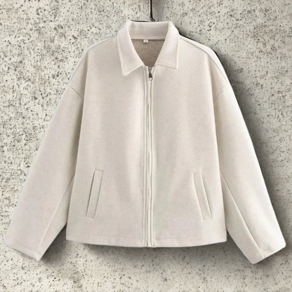 Women’s Short Jacket – Wool Blend – Relaxed Boxy Fit – Lapel Collar – Zip Front