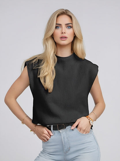 Women’s Sleeveless Turtleneck Sweater – Wool Blend Knit – Relaxed Fit – Ribbed Design