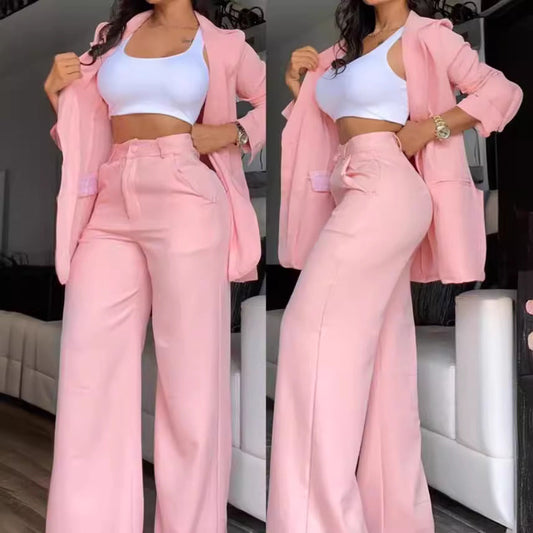 Women’s Suit Set – Relaxed Fit Blazer – High-Waisted Wide-Leg Trousers – Soft Fabric