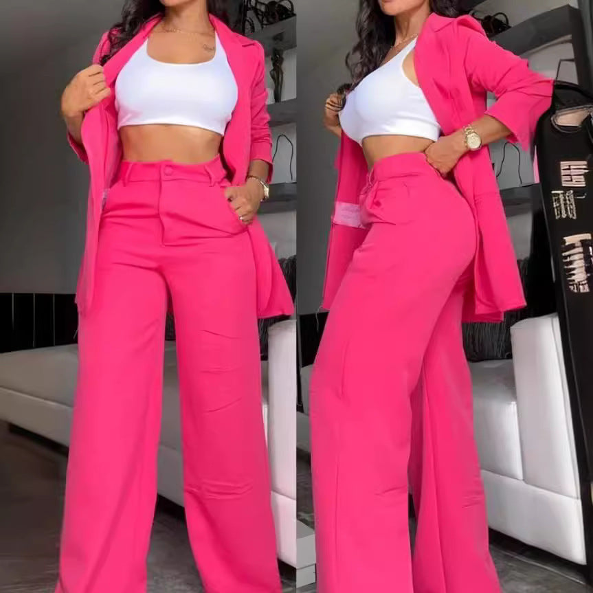 Women’s Suit Set – Relaxed Fit Blazer – High-Waisted Wide-Leg Trousers – Soft Fabric