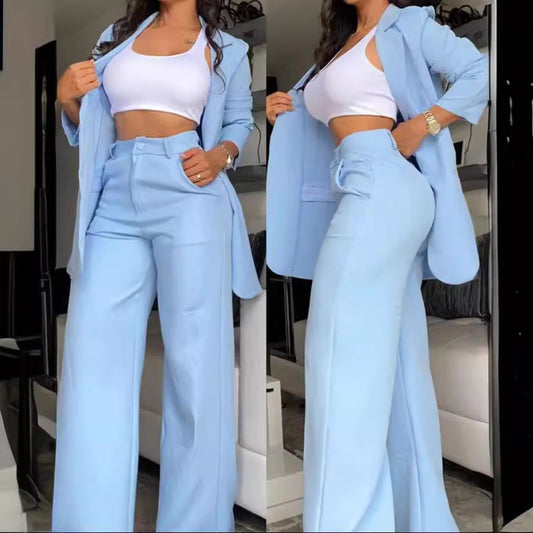 Women’s Suit Set – Relaxed Fit Blazer – High-Waisted Wide-Leg Trousers – Soft Fabric