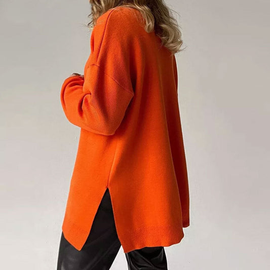 Women’s Sweater – Oversized Relaxed Fit – Ribbed Turtleneck – Wool Knit – Side Slit Hem