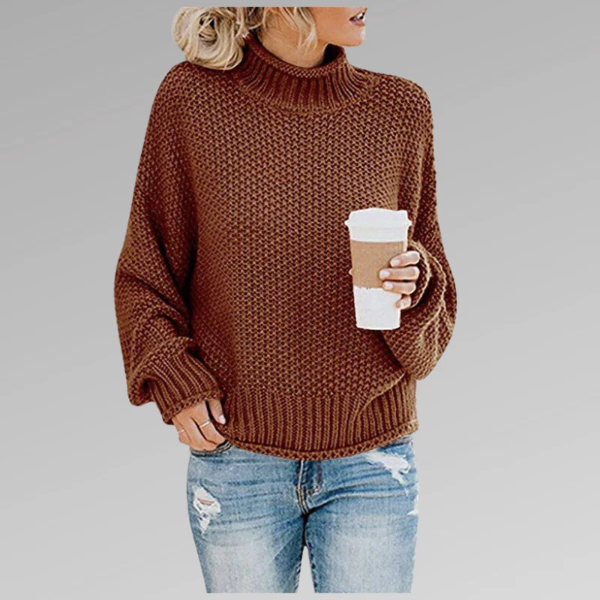 Women’s Sweater – Relaxed Fit – Chunky Knit – High Ribbed Collar – Dropped Shoulders
