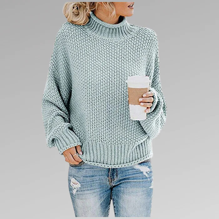 Women’s Sweater – Relaxed Fit – Chunky Knit – High Ribbed Collar – Dropped Shoulders