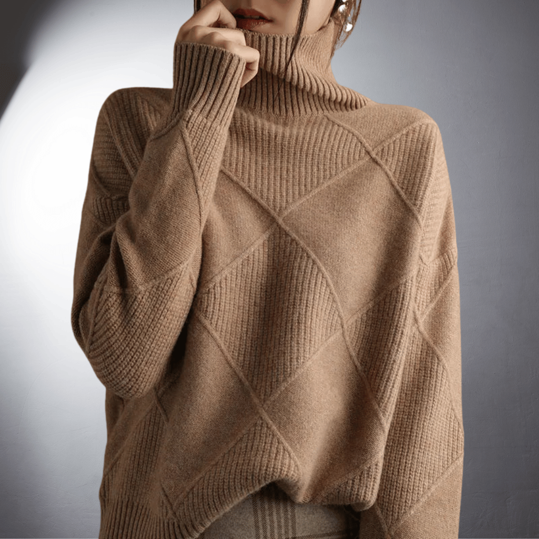 Women’s Sweater – Relaxed Fit – High Turtleneck – Geometric Knit – Ribbed Trim