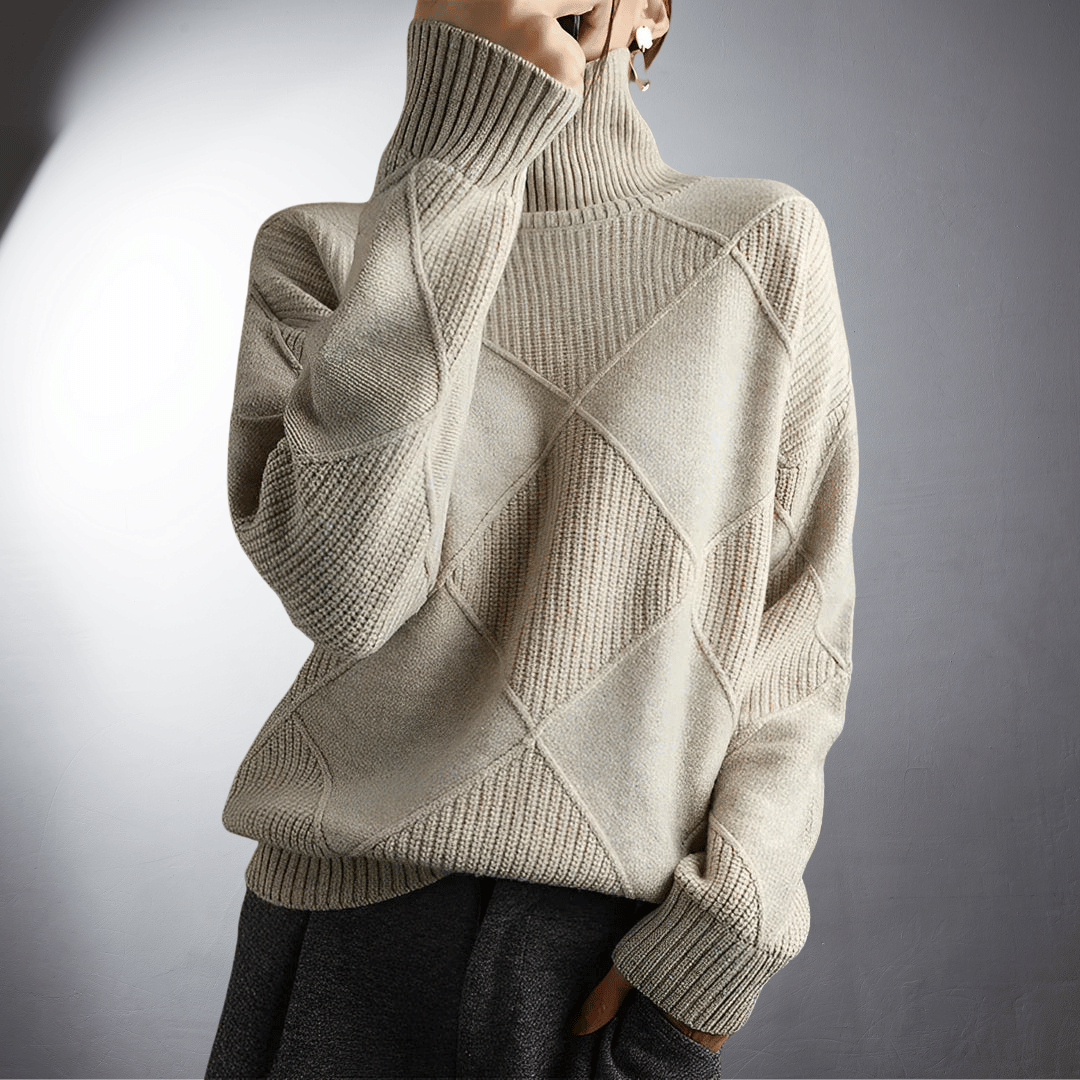 Women’s Sweater – Relaxed Fit – High Turtleneck – Geometric Knit – Ribbed Trim