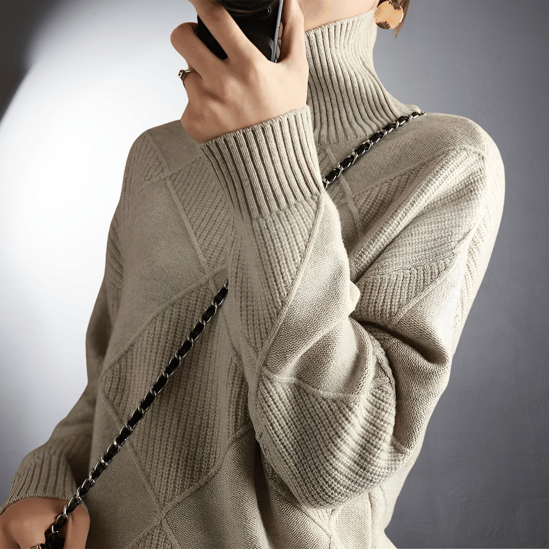 Women’s Sweater – Relaxed Fit – High Turtleneck – Geometric Knit – Ribbed Trim