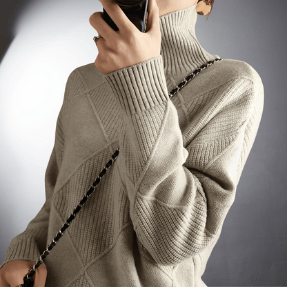 Women’s Sweater – Relaxed Fit – High Turtleneck – Geometric Knit – Ribbed Trim