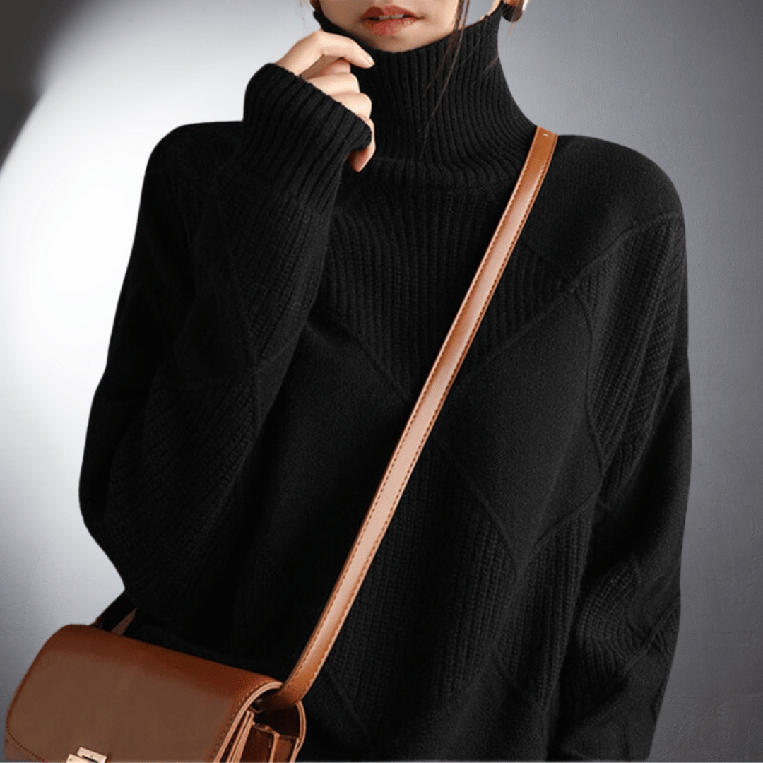 Women’s Sweater – Relaxed Fit – High Turtleneck – Geometric Knit – Ribbed Trim