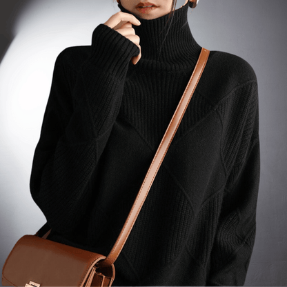 Women’s Sweater – Relaxed Fit – High Turtleneck – Geometric Knit – Ribbed Trim
