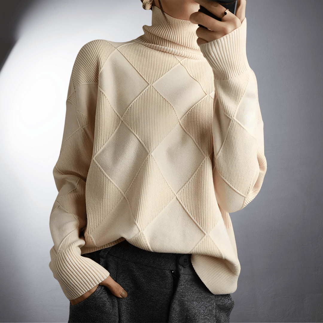 Women’s Sweater – Relaxed Fit – High Turtleneck – Geometric Knit – Ribbed Trim