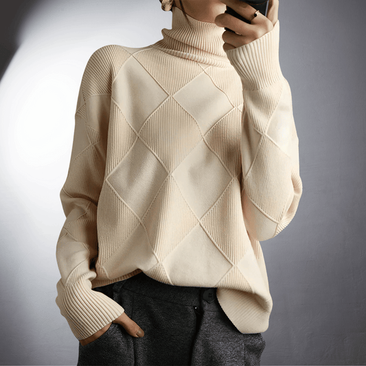 Women’s Sweater – Relaxed Fit – High Turtleneck – Geometric Knit – Ribbed Trim