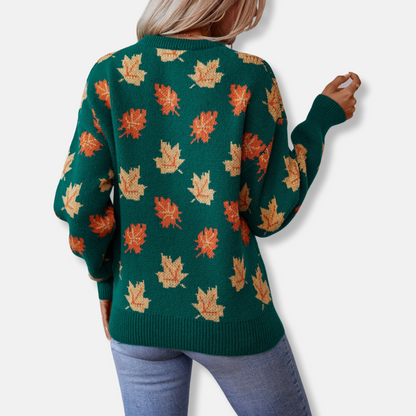 Women’s Sweater – Relaxed Fit – Jacquard Knit – Maple Leaf Pattern – Ribbed Trim