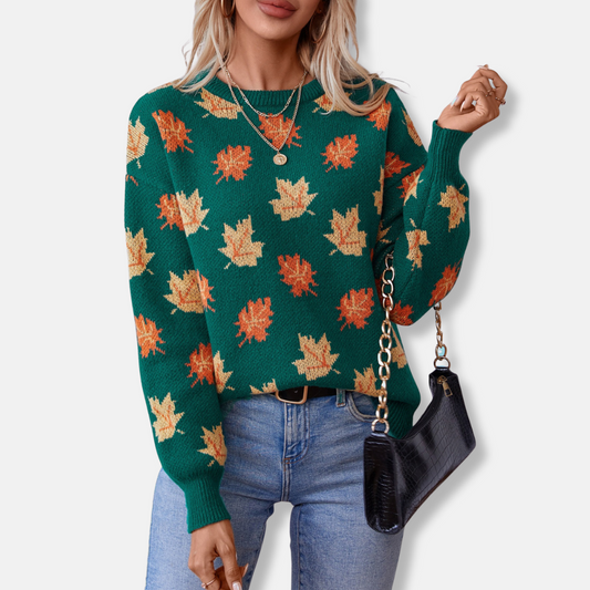 Women’s Sweater – Relaxed Fit – Jacquard Knit – Maple Leaf Pattern – Ribbed Trim