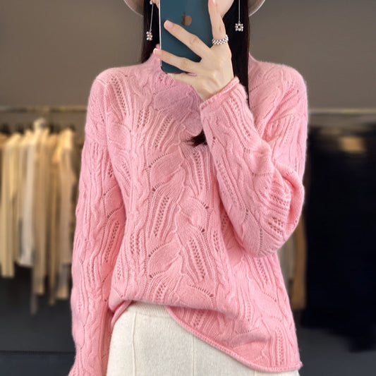Women’s Sweaters– Loose Fit – Open-Knit Soft Knit – Mock Neck – Long Sleeve Casual Wear