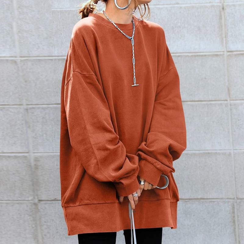 Women’s Sweatshirt – Oversized Fit – Cotton Feel – Crew Neck – Tunic Length – Long Sleeves