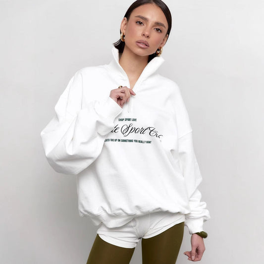 Women’s Sweatshirt – Oversized Fit – Half Zip – Letter Print – Cotton Blend – Casual