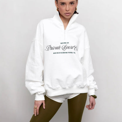 Women’s Sweatshirt – Oversized Fit – Half Zip – Letter Print – Cotton Blend – Casual