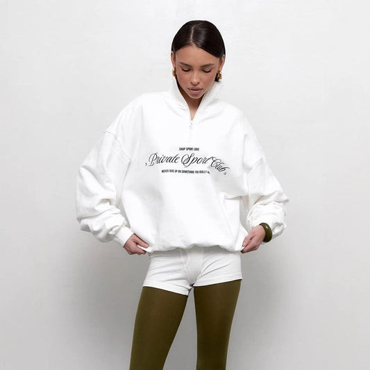 Women’s Sweatshirt – Oversized Fit – Half Zip – Letter Print – Cotton Blend – Casual