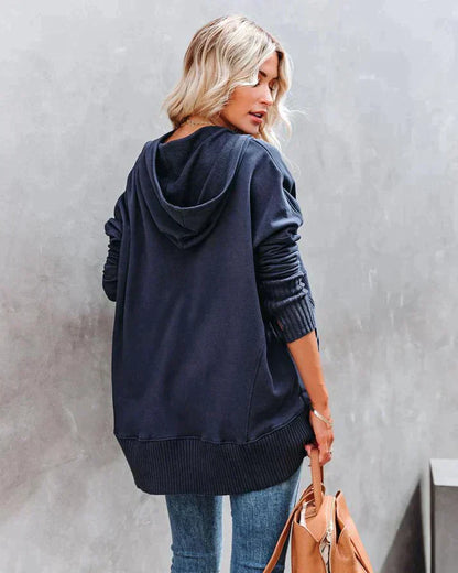Women’s Sweatshirt – Oversized Relaxed Fit – V-Neck with Button Placket – Tunic Length
