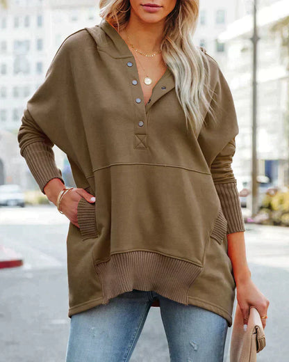 Women’s Sweatshirt – Oversized Relaxed Fit – V-Neck with Button Placket – Tunic Length