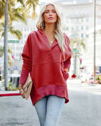 Women’s Sweatshirt – Oversized Relaxed Fit – V-Neck with Button Placket – Tunic Length