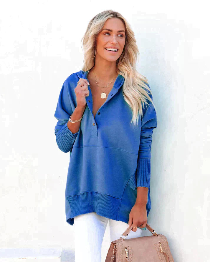 Women’s Sweatshirt – Oversized Relaxed Fit – V-Neck with Button Placket – Tunic Length