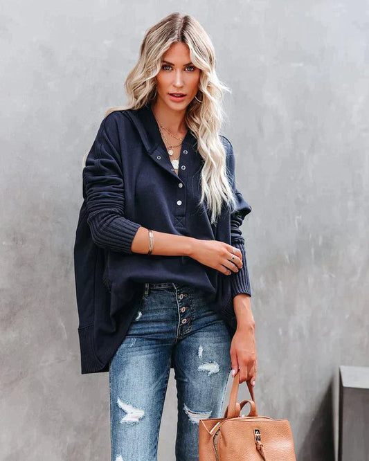 Women’s Sweatshirt – Oversized Relaxed Fit – V-Neck with Button Placket – Tunic Length